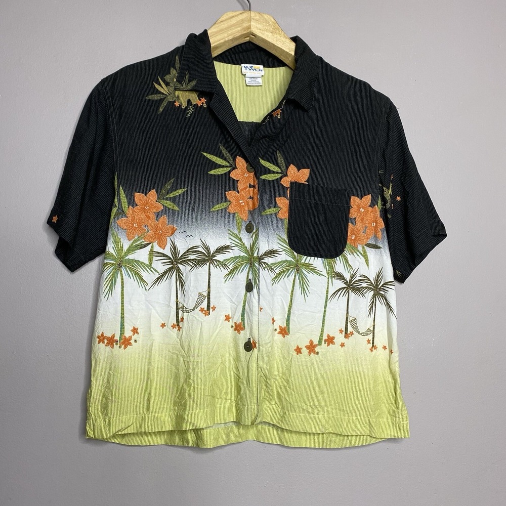 Line Two Hawaiian Shirt Tropical Print‎ Palm Trees Women's Size L